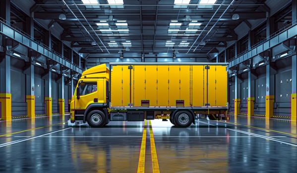 Yellow Delivery Truck in Modern Warehouse During Daytime. A brightly colored yellow delivery truck is parked inside a spacious photo