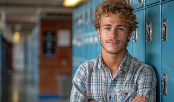 Young Man Smiling by School Lockers in Bright Hallway. A young man stands confidently with arms crossed photo