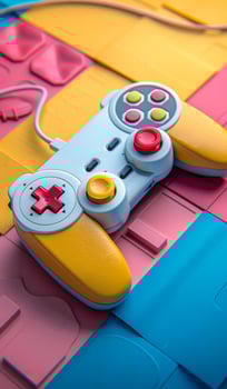 Retro Game Controller on Colorful Foam Mat. A classic game controller rests on a playful photo