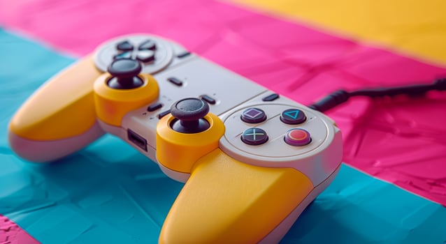 Colorful Game Controller on Bright Surface for Gaming Fun. A vibrant game controller rests on a colorful background photo