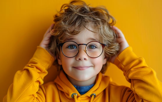 Smiling Boy With Curly Hair and Glasses on Yellow Backdrop photo