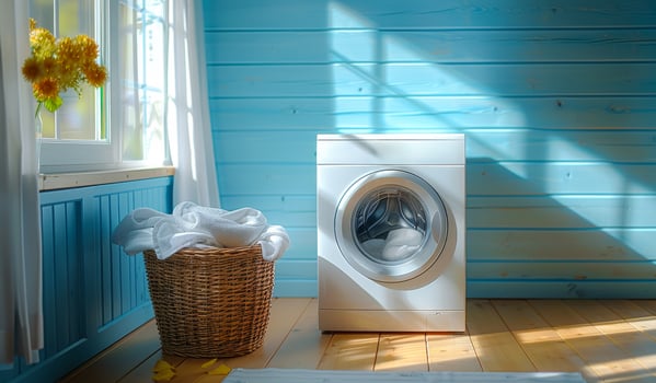 Bright Laundry Room With Washer and Woven Basket on Sunny Day photo