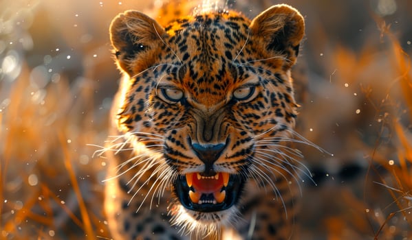 Fierce Leopard Stalking Through Tall Grass at Dusk photo