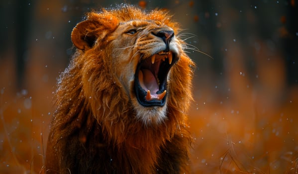 Majestic Lion Roaring in a Forest During Autumn Morning photo