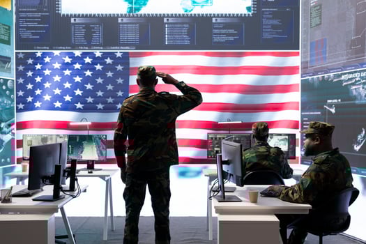 American military personnel supervising cyber warfare activity in high tech office, examine top secret intelligence on big screen. Governmental experts manage hybrid war, conflict prevention. photo