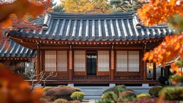 A beautiful display of traditional Korean wooden architecture with ornate details, showcasing cultural heritage. photo