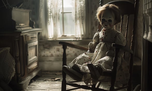 A creepy doll sitting on a rocking chair in a dimly lit room, leaving space on the right for copy, photo