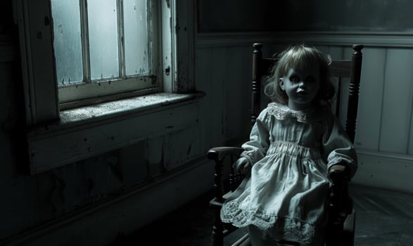 A creepy doll sitting on a rocking chair in a dimly lit room, leaving space on the right for copy, photo