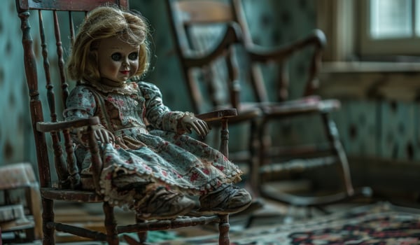 A creepy doll sitting on a rocking chair in a dimly lit room, leaving space on the right for copy, photo