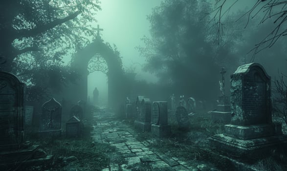 A misty graveyard with eerie tombstones and a ghostly figure in the distance, with open space in the center for a message photo