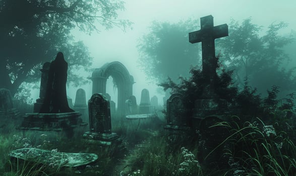 A misty graveyard with eerie tombstones and a ghostly figure in the distance, with open space in the center for a message photo