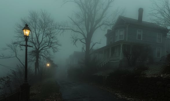 A sinister foggy street with old Victorian houses and a lone streetlamp, with open space on the left for text photo
