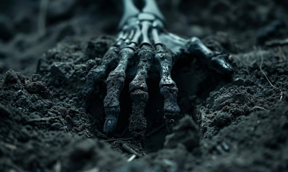 A skeleton hand emerging from the ground in a dark cemetery, with open space at the top for a message photo