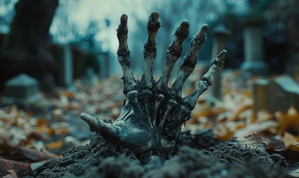 A skeleton hand emerging from the ground in a dark cemetery, with open space at the top for a message photo