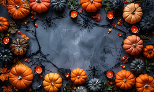 A spooky Halloween flat lay with pumpkins, spider webs, and black candles arranged around a central empty space photo