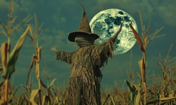 A spooky scarecrow standing in a cornfield under a crescent moon, with open space on the right for a message photo