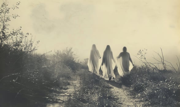 A vintage black-and-white Halloween photo with ghostly figures, leaving plenty of space on the right for a message