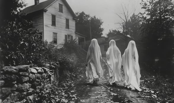 A vintage black-and-white Halloween photo with ghostly figures, leaving plenty of space on the right for a message