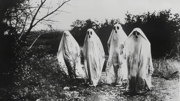 A vintage black-and-white Halloween photo with ghostly figures, leaving plenty of space on the right for a message