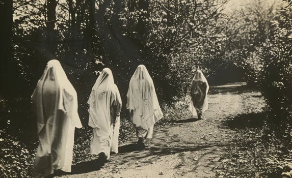 A vintage black-and-white Halloween photo with ghostly figures, leaving plenty of space on the right for a message