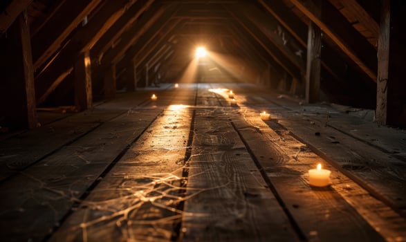 An old, cobweb-filled attic with flickering candles and mysterious shadows, with empty space on the left for text photo