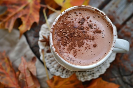 Cozy autumn hot chocolate with fallen leaves photo