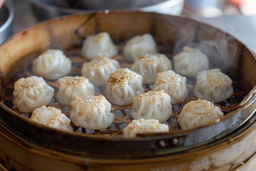 Steaming basket of delicious dumplings photo
