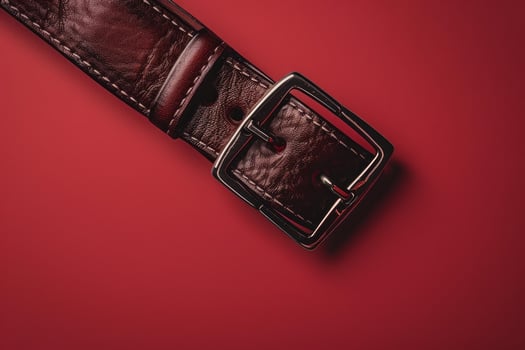 Brown leather belt with metal buckle lying on red background photo