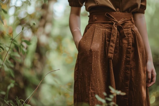 Young woman wearing brown skirt standing in forest photo