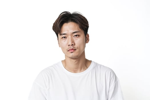 Young man in a white t-shirt looking at the camera photo
