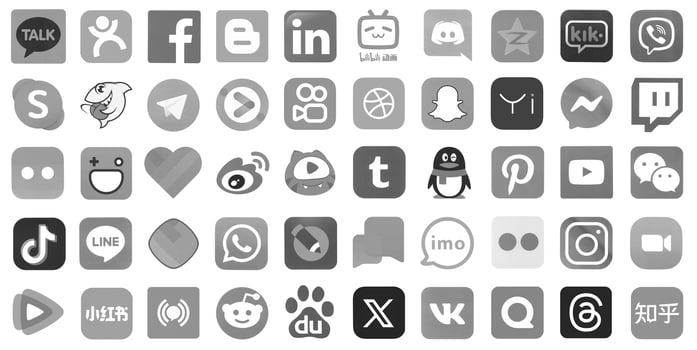 KYIV, UKRAINE - APRIL 1, 2024 Many icons of social media, messengers, sharing platforms photo