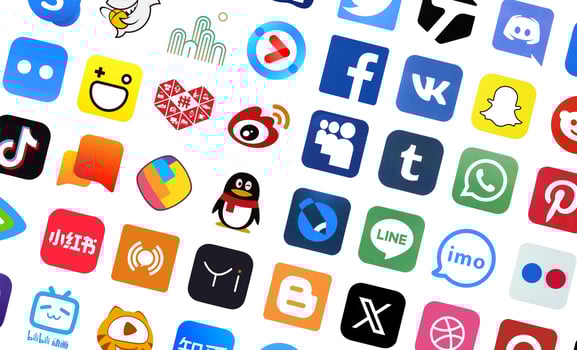 KYIV, UKRAINE - APRIL 1, 2024 Many icons of social media, messengers, sharing platforms photo