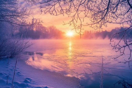 A frozen lake glowing under the morning sun. photo