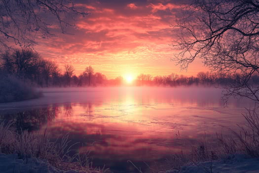 A frozen lake glowing under the morning sun. photo