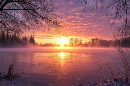 A frozen lake glowing under the morning sun. photo