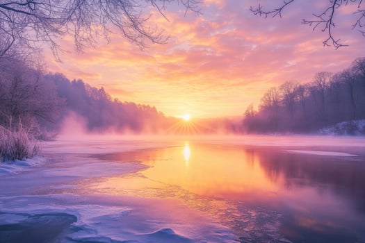 A frozen lake glowing under the morning sun. photo