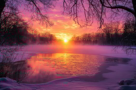 A frozen lake glowing under the morning sun. photo