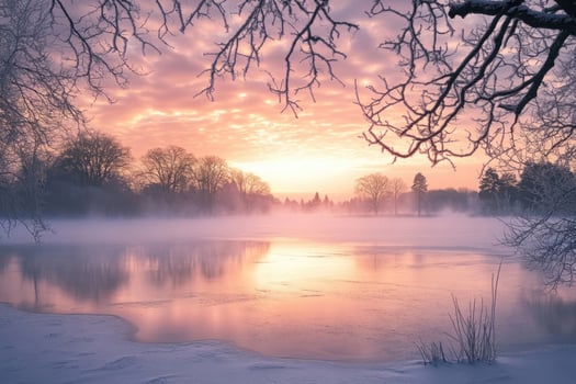 A frozen lake glowing under the morning sun. photo