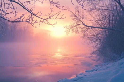 A frozen lake glowing under the morning sun. photo