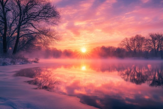 A frozen lake glowing under the morning sun. photo