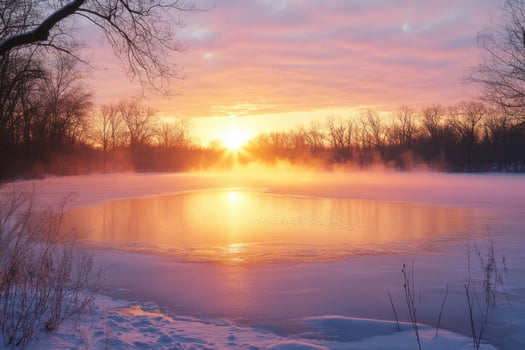 A frozen lake glowing under the morning sun. photo