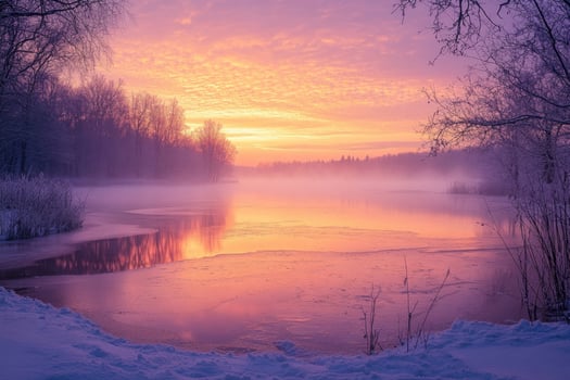 A frozen lake glowing under the morning sun. photo