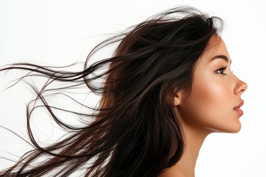 A profile portrait of a young brunette woman with flowing hair on a white background. photo