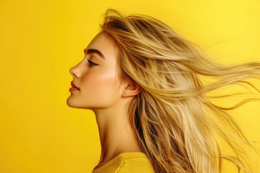 A blonde woman with flowing hair in profile on a yellow background. photo