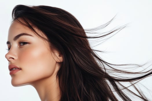 A profile portrait of a young brunette woman with flowing hair on a white background. photo