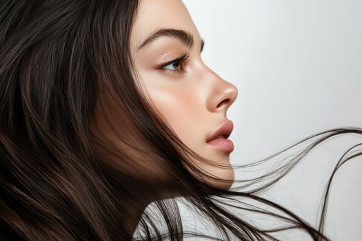 A profile portrait of a young brunette woman with flowing hair on a white background. photo
