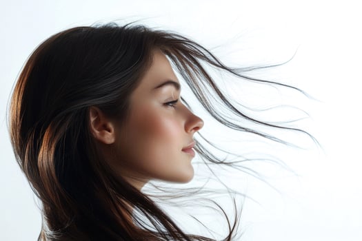 A profile portrait of a young brunette woman with flowing hair on a white background. photo