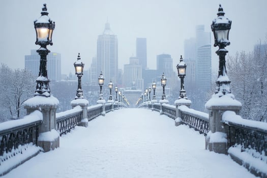A city bridge covered in snow with the skyline in the background. photo