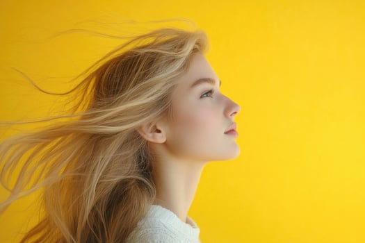 A blonde woman with flowing hair in profile on a yellow background. photo