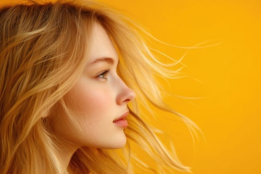Blonde woman in profile with wind-blown hair against a yellow studio background. photo
